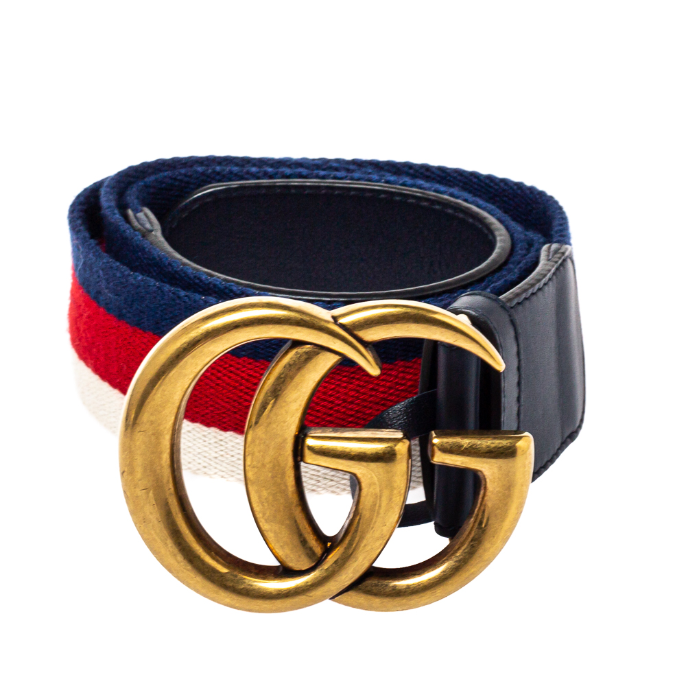 

Gucci Navy Blue Web Canvas and Leather Double G Buckle Belt