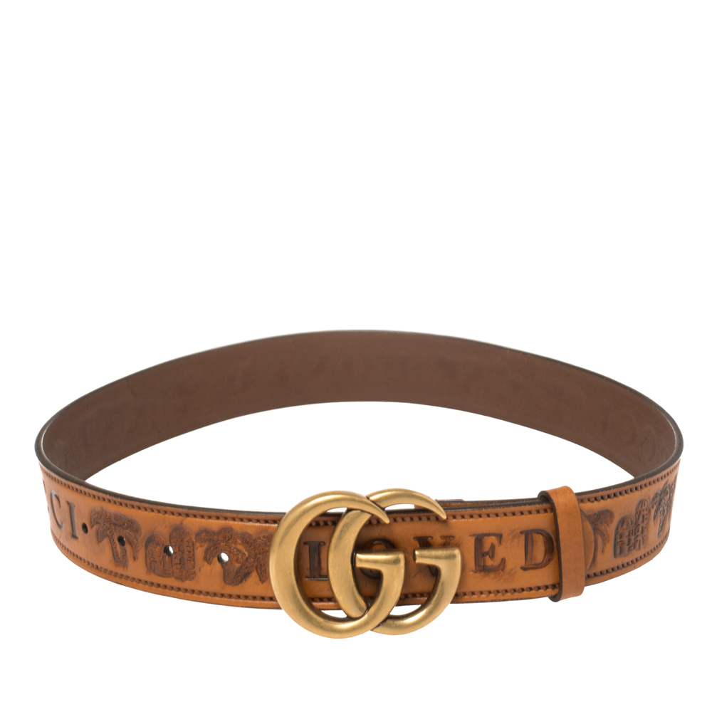 Pre-owned Gucci Brown Leather Loved Double G Buckle Belt 80cm