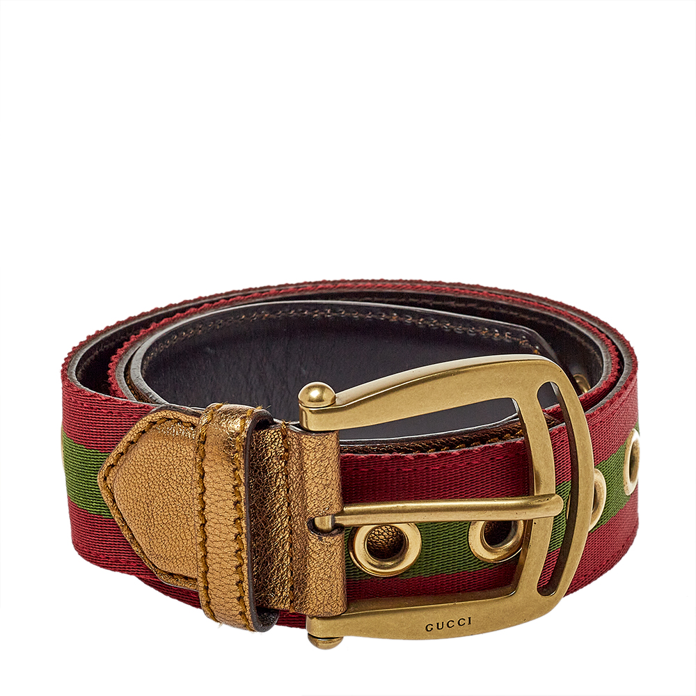 

Gucci Gold Leather and Canvas Web Grommet Buckle Belt