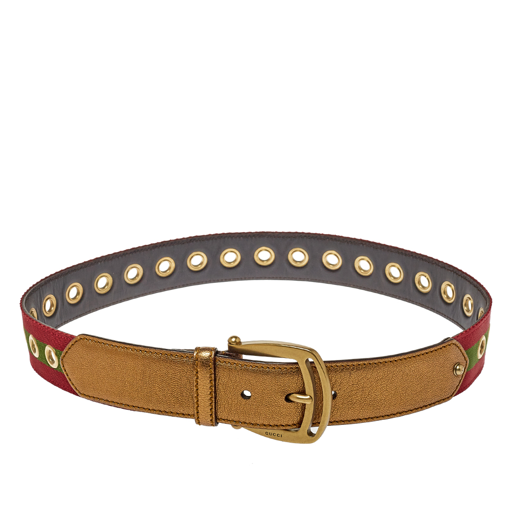 Pre-owned Gucci Gold Leather And Canvas Web Grommet Buckle Belt 85 Cm
