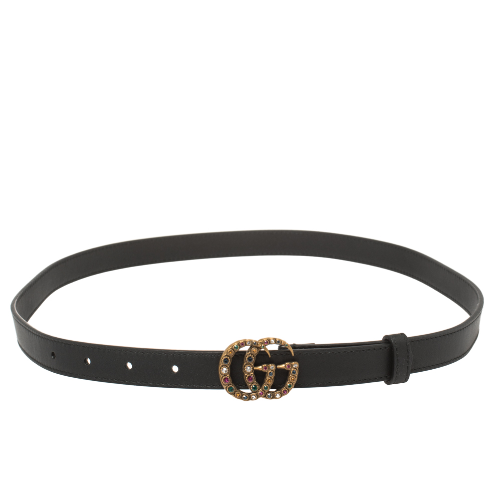 Pre-owned Gucci Black Leather Gg Marmont Crystal Slim Belt 85cm