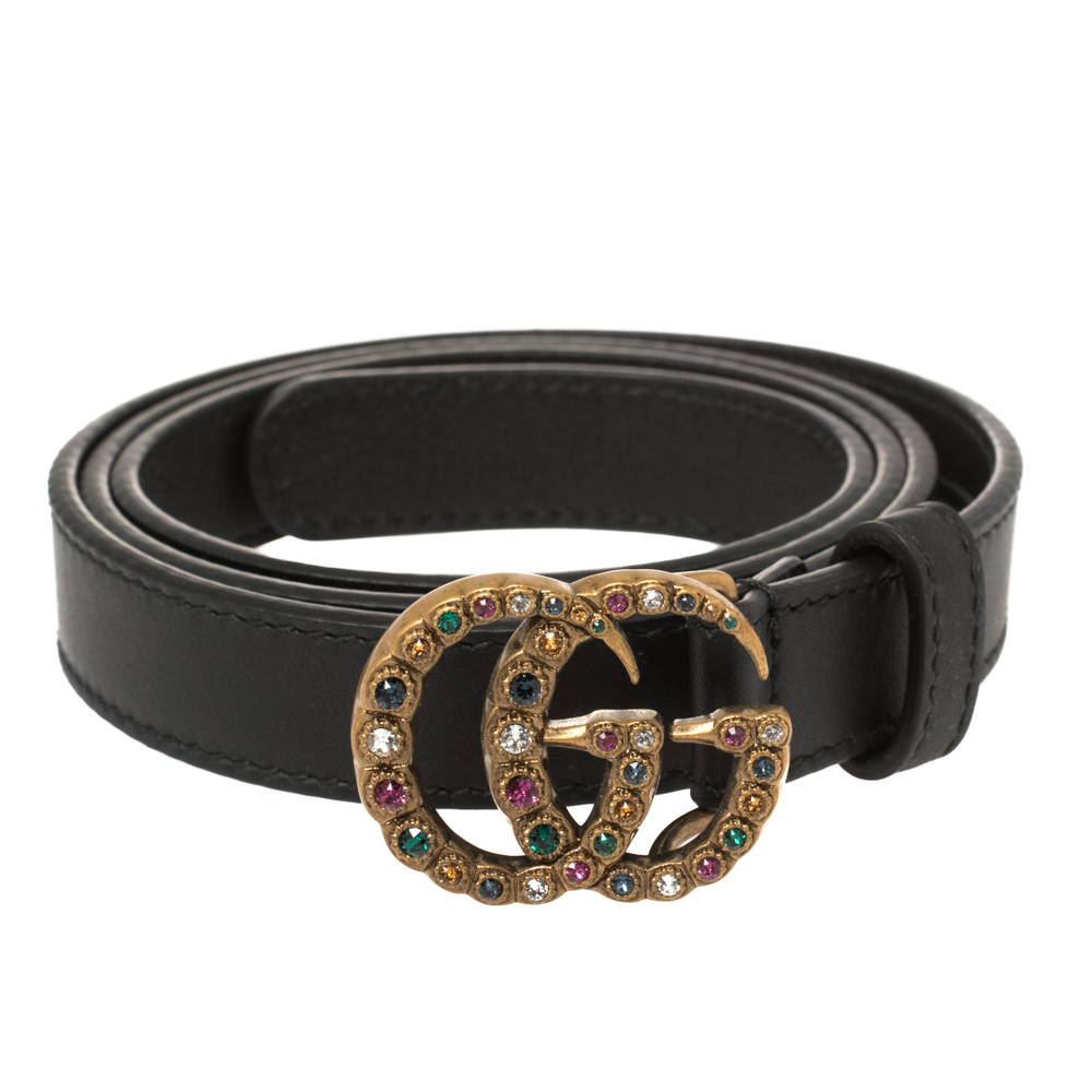 

Gucci Black Leather GG Marmont Crystal Slim Belt