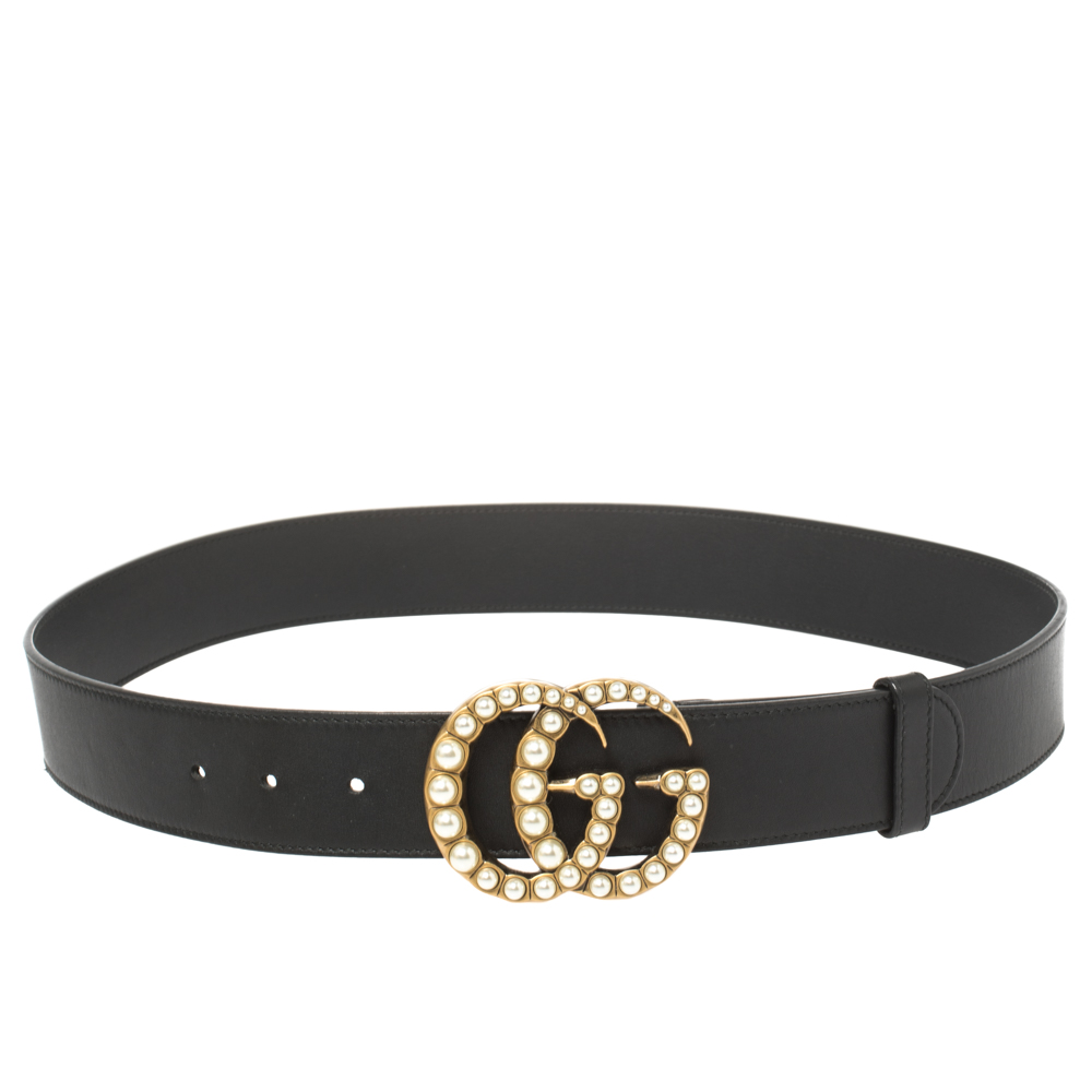 Pre-owned Gucci Black Leather Pearl Embellished Double G Buckle Belt 85cm