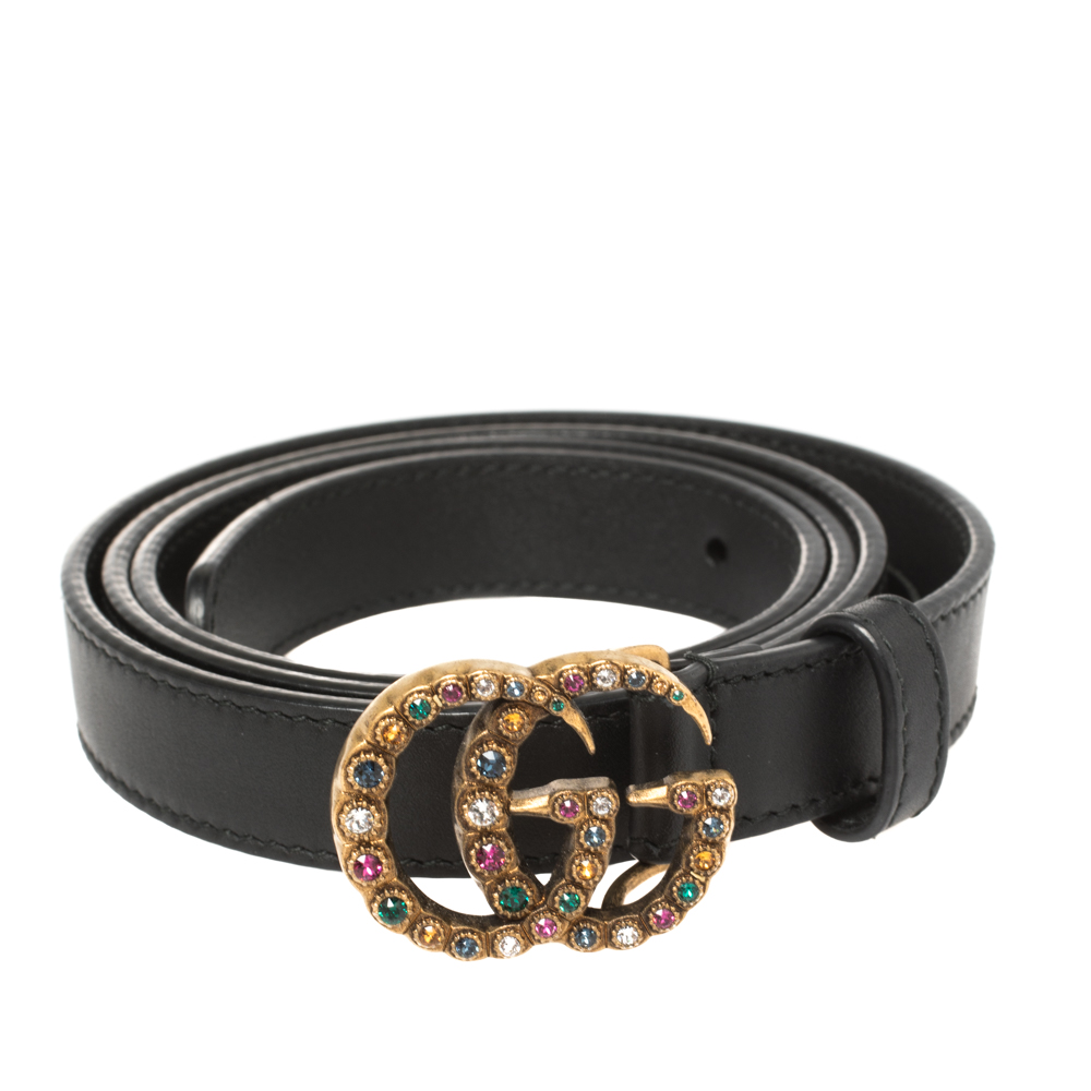 

Gucci Black Leather GG Marmont Crystal Embellished Slim Belt