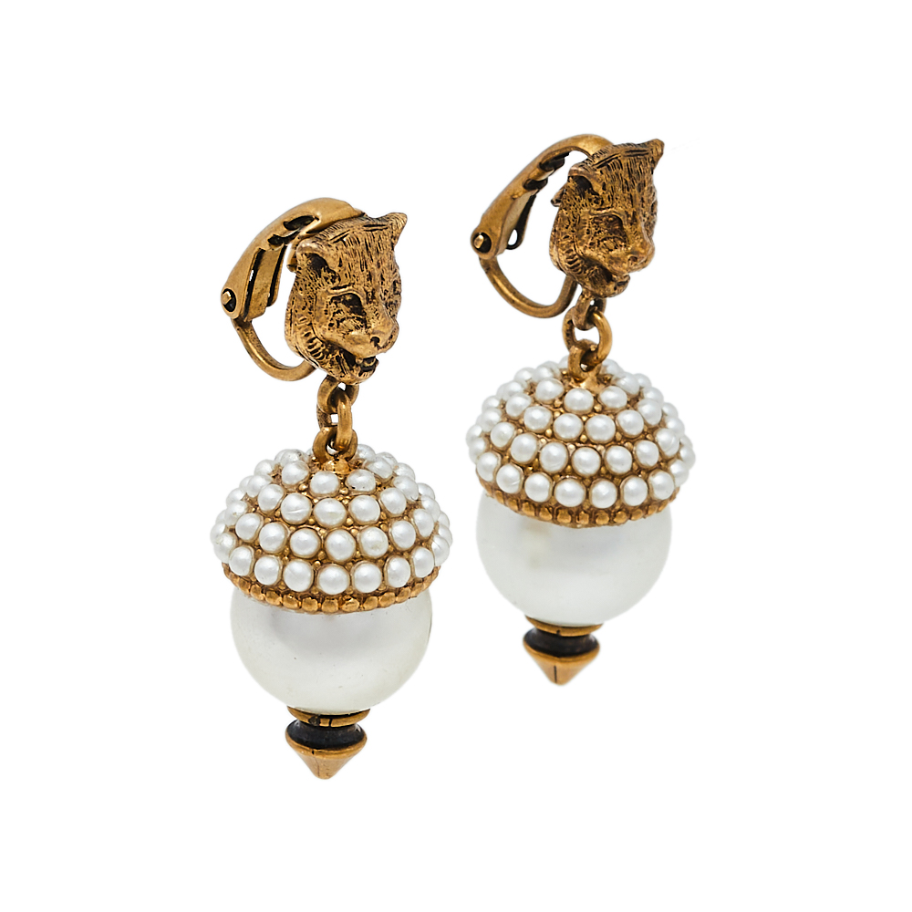 

Gucci Aged Gold Tone Faux Pearl Feline Clip On Earrings, White