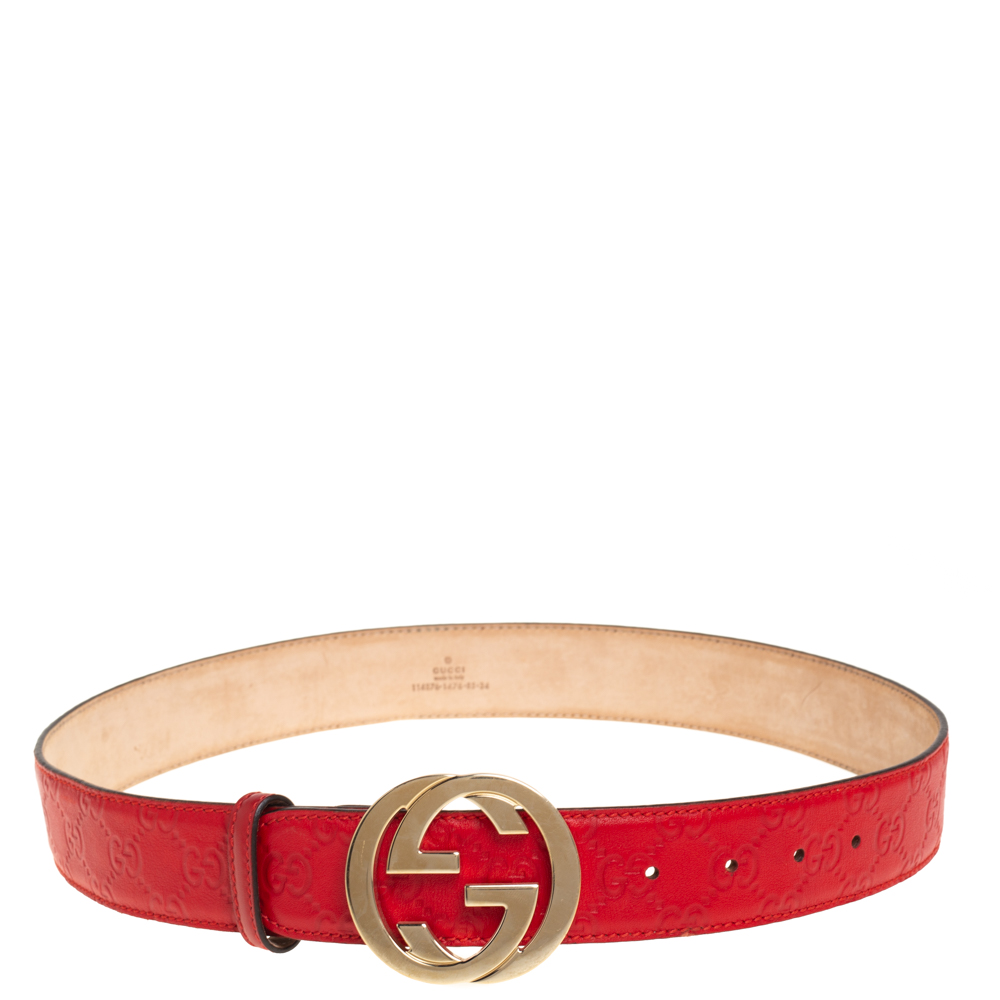 Pre-owned Gucci Ssima Leather Interlocking G Buckle Belt 85cm In Red