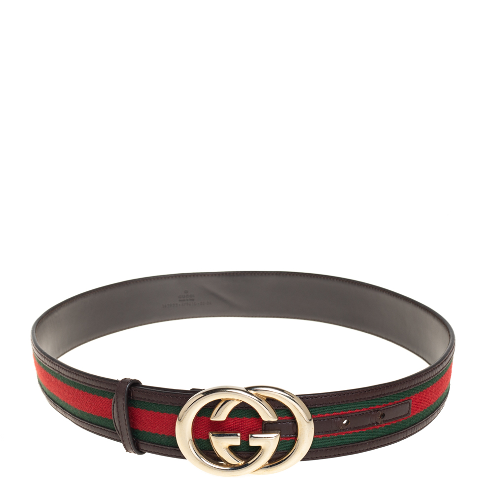 Pre-owned Gucci Brown Leather And Web Canvas Gg Buckle Belt 85cm