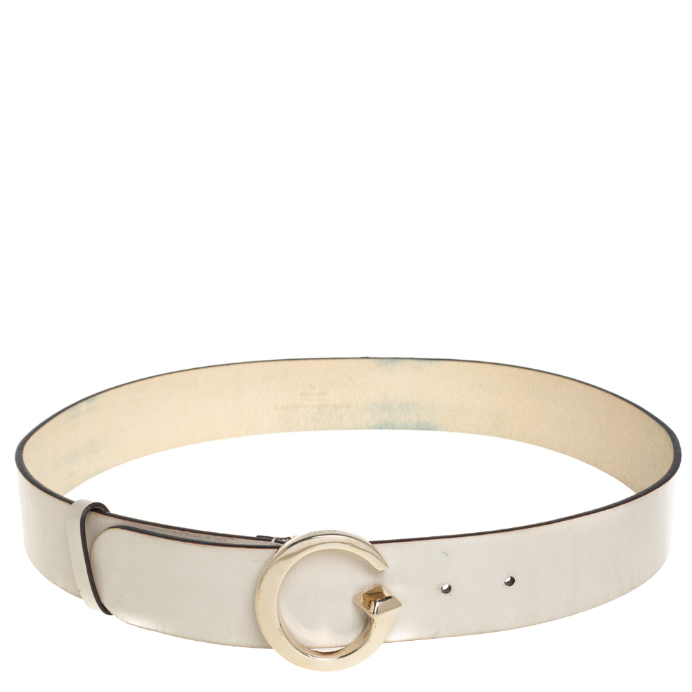 Pre-owned Gucci White Leather G Logo Buckle Belt 80cm