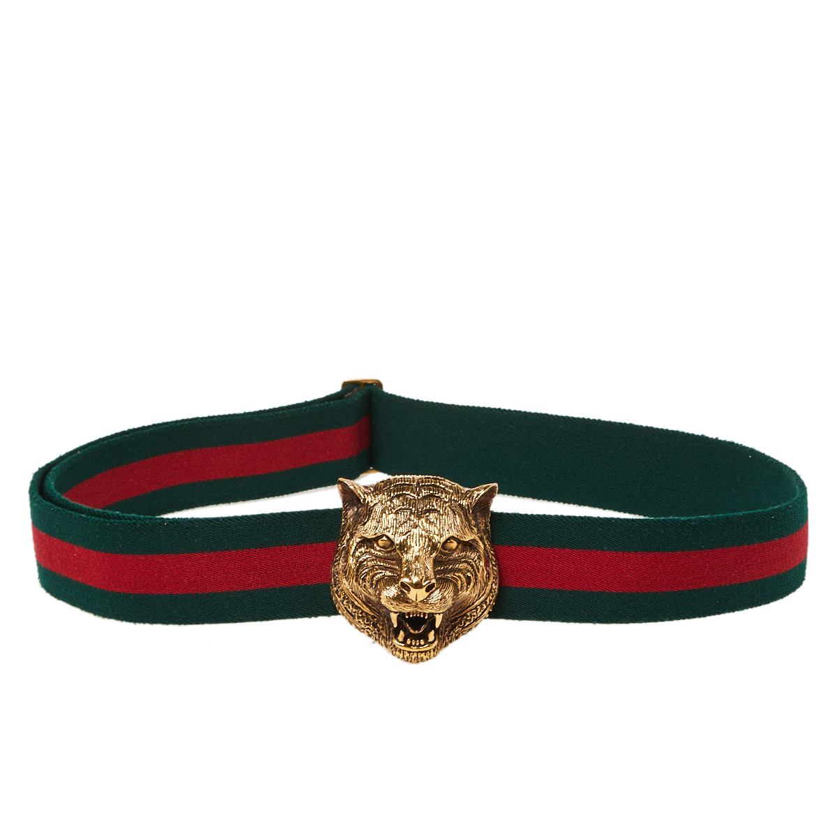 Pre-owned Gucci Green/red Web Tiger Head Buckle Waist Belt 105 Cm