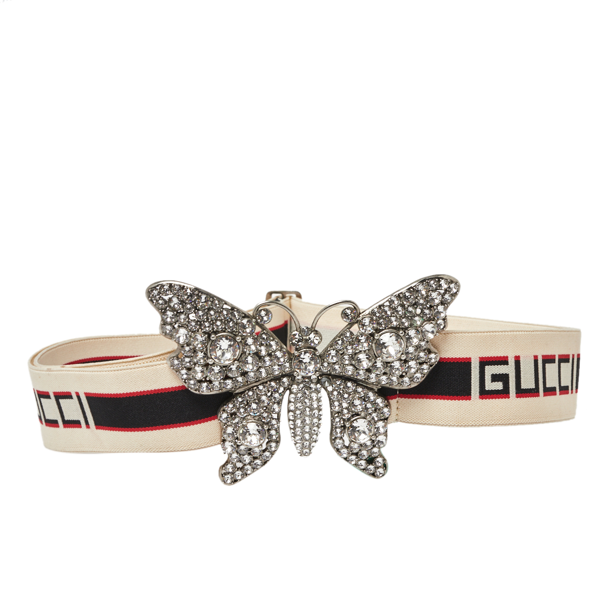 Gucci White Elastic Band Crystal Embellished Butterfly Buckle Belt 90 CM