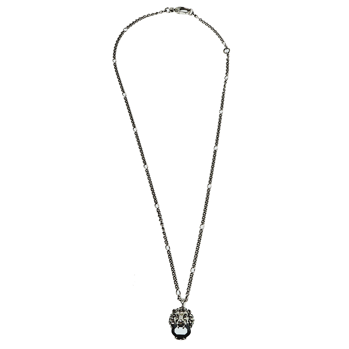 

Gucci Aged Silver Tone Crystal Lion Head Pendant Necklace
