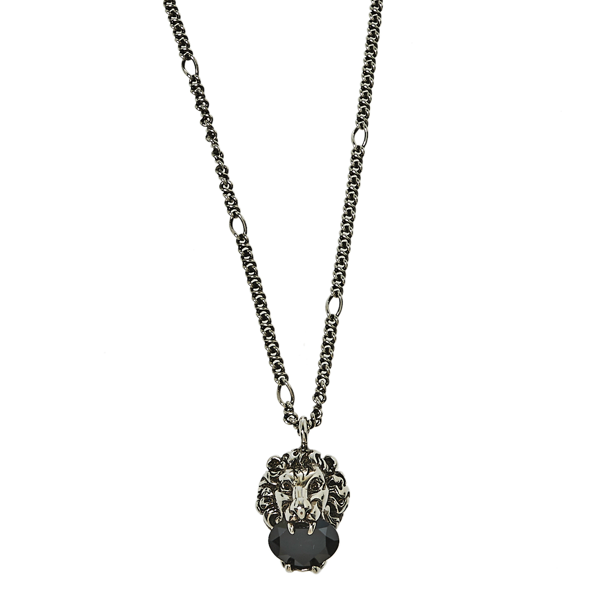 Pre-owned Gucci Aged Silver Tone Crystal Lion Head Pendant Necklace