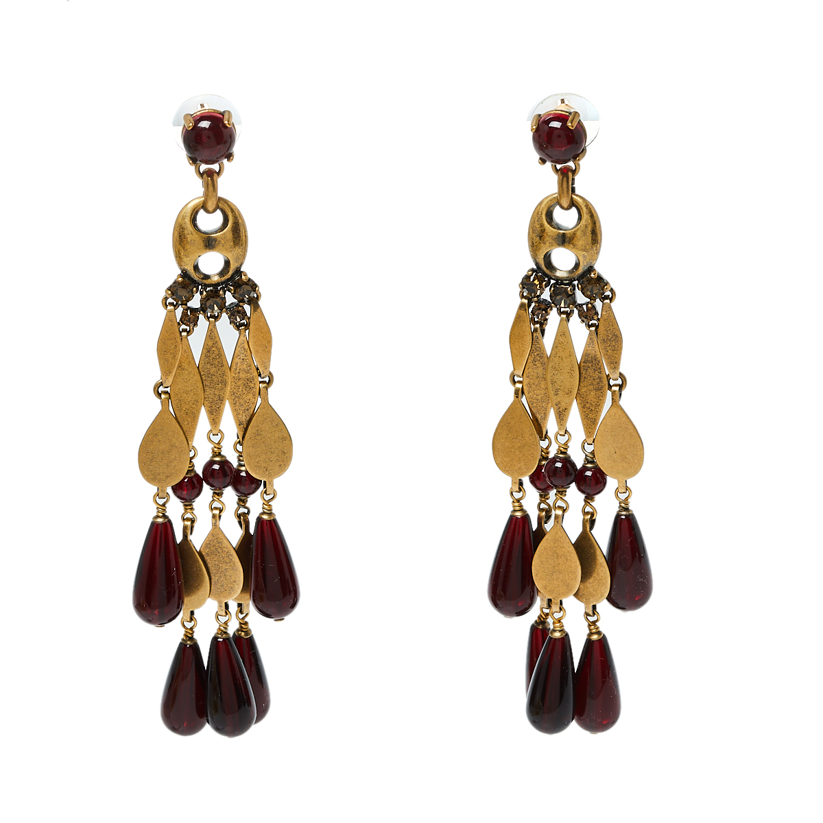 Pre-owned Gucci Aged Gold Tone Garnet Beaded Chandelier Earrings In Red