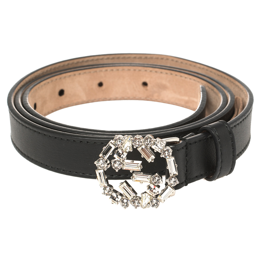 

Gucci Black Leather Crystal Embellished Interlocking G Slim Belt