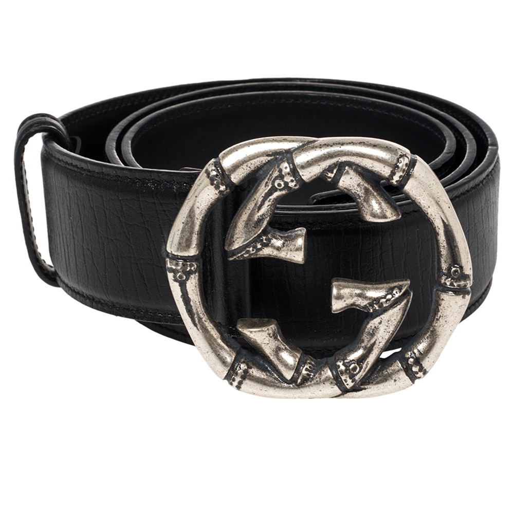 

Gucci Black Textured Leather Bamboo Engraved Interlocking G Buckle Belt
