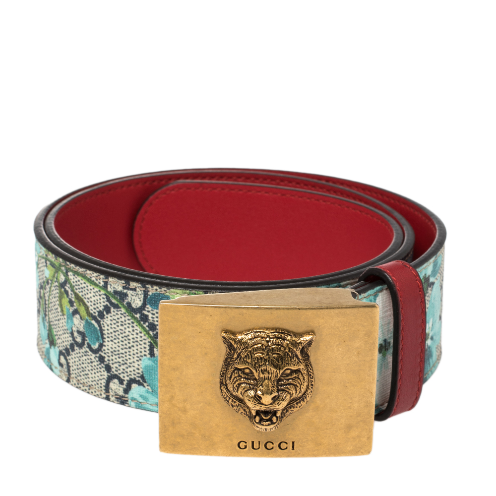 

Gucci Blue Blooms GG Supreme Tiger Head Buckle Belt