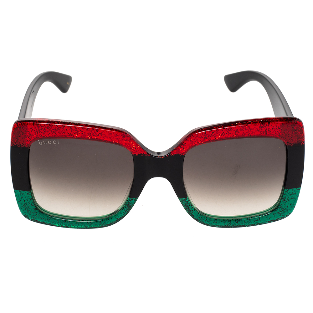 

Gucci Red/Green Glitter GG0083S Oversized Square Sunglasses, Grey