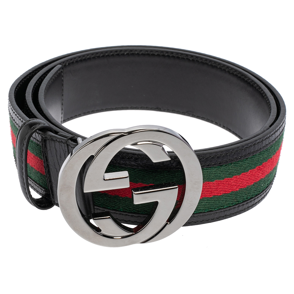 

Gucci Black Leather and Web Canvas Interlocking G Buckle Belt