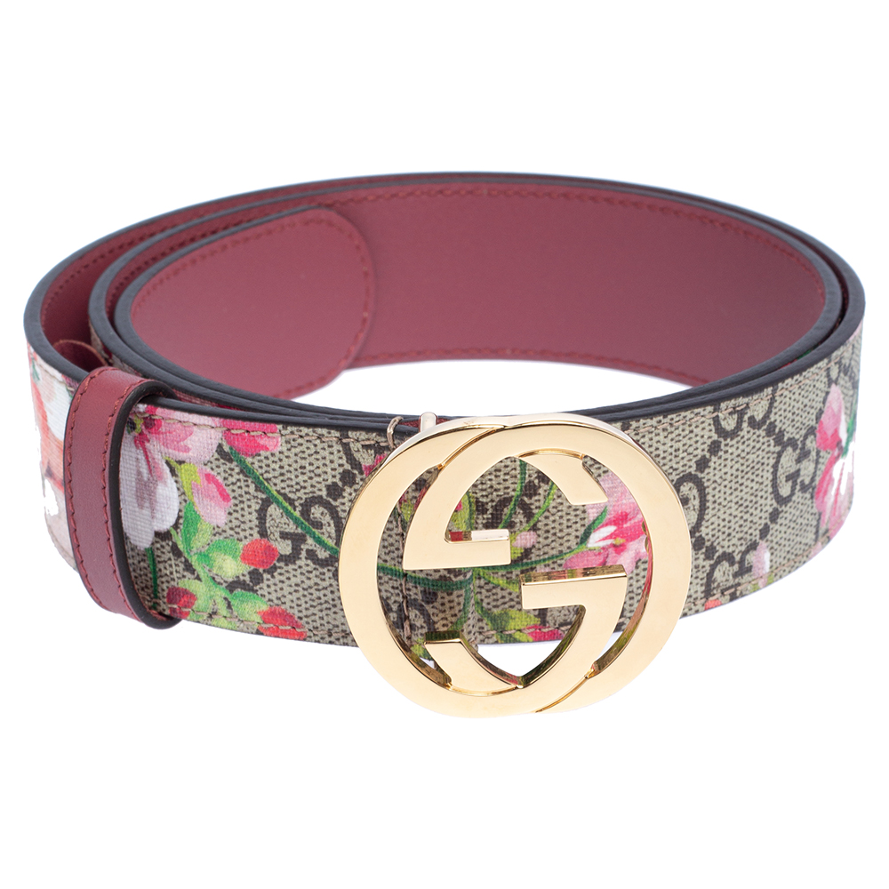 

Gucci Beige/Pink GG Supreme Blooms Print Canvas Interlocking G Buckle Belt