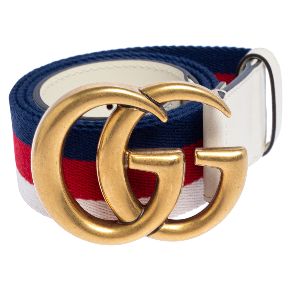 

Gucci White Web Canvas and Leather Double G Buckle Belt