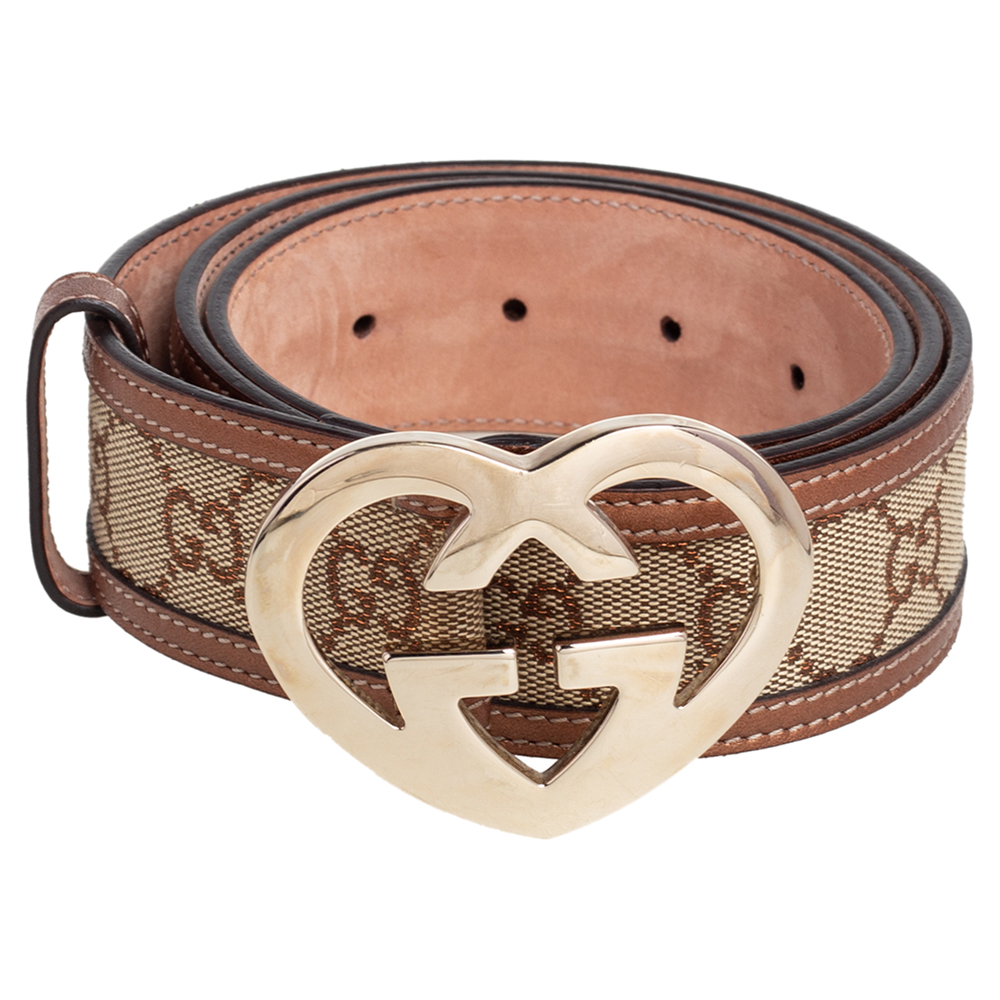 

Gucci Metallic Beige GG Canvas and Leather Trim GG Heart Buckle Belt