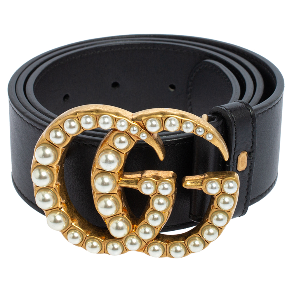 

Gucci Black Leather GG Pearl Embellished Double G Buckle Belt