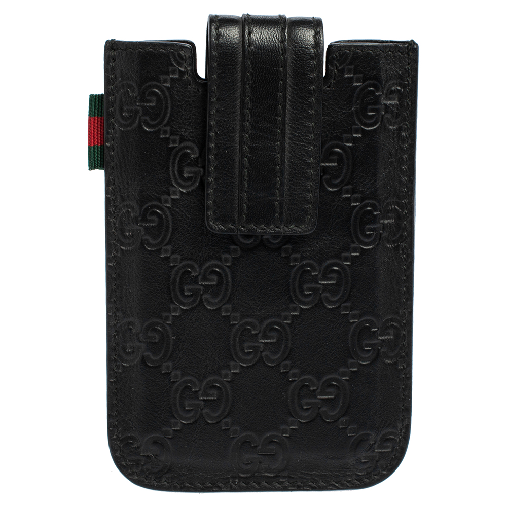 Pre-owned Gucci Ssima Leather Leather Iphone Case In Black