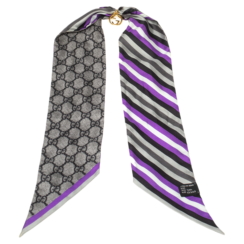 Pre Owned Gucci Multicolor Striped & Logo Monogram Charm Detail Silk Bandeau Scarf