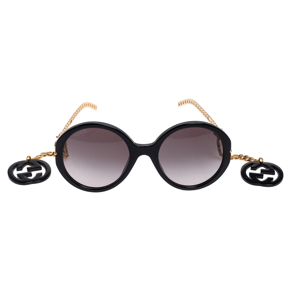 

Gucci Black Acetate GG0726S Chain Detail Temple Embellished Gradient Oversized Sunglasses