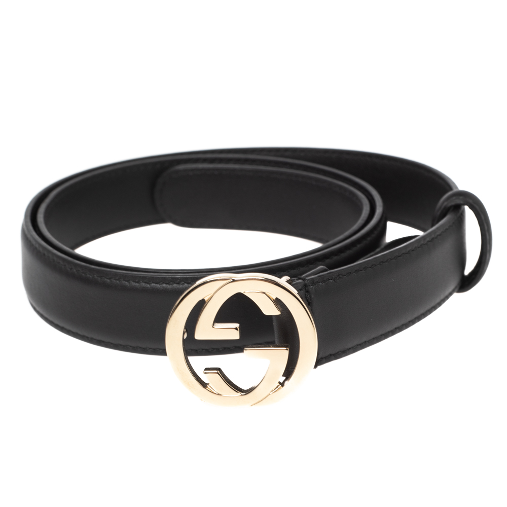 

Gucci Black Leather Interlocking G Buckle Slim Belt