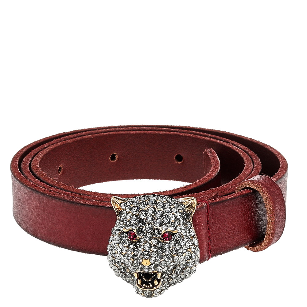 

Gucci Red Leather Feline Head Crystal Belt