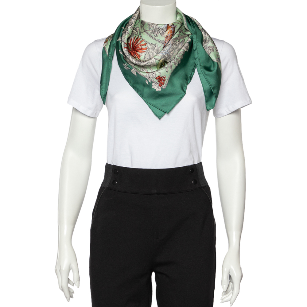

Gucci Green Floral Printed Silk Square Scarf