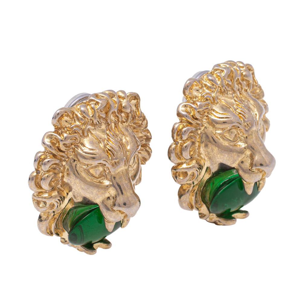 

Gucci Gold Tone Green Crystal Lion Head Clip On Earrings
