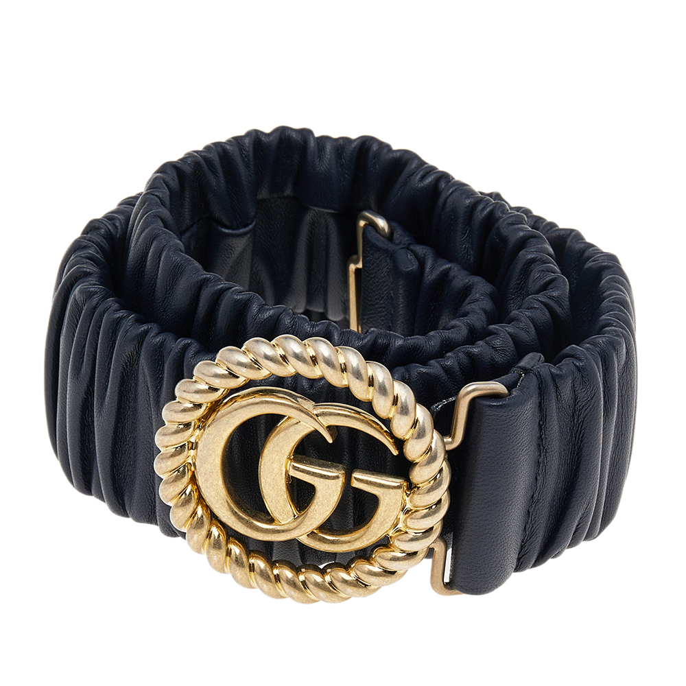

Gucci Navy Blue Leather GG Logo Buckle Stretch Belt