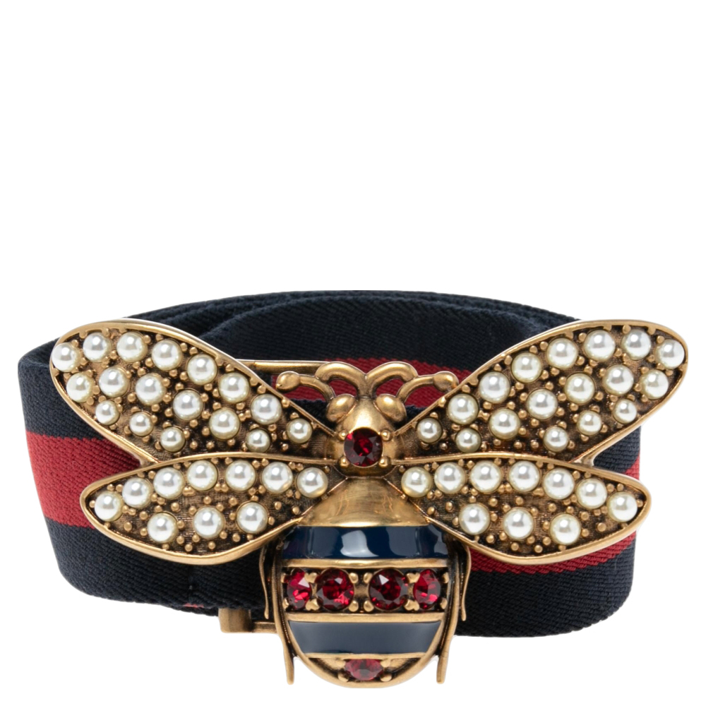 

Gucci Multicolor Web Canvas Bee Embellished Buckle Belt, Red