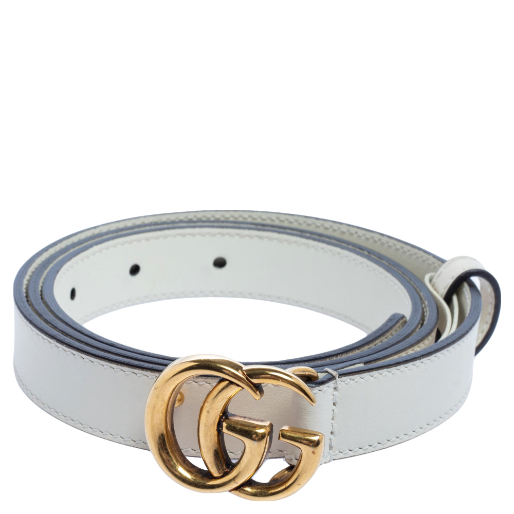 

Gucci Off White Leather GG Marmont Buckle Slim Belt