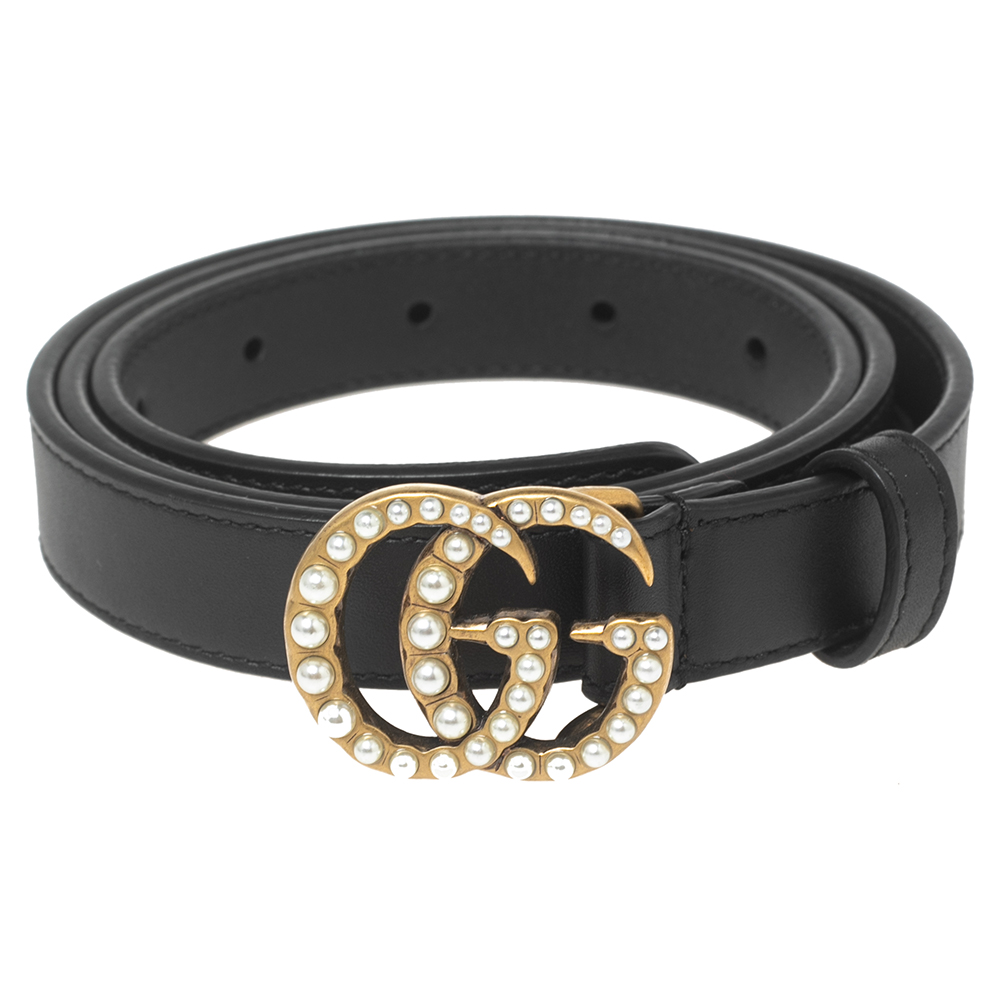 

Gucci Black Leather GG Marmont Pearl Embellished Belt