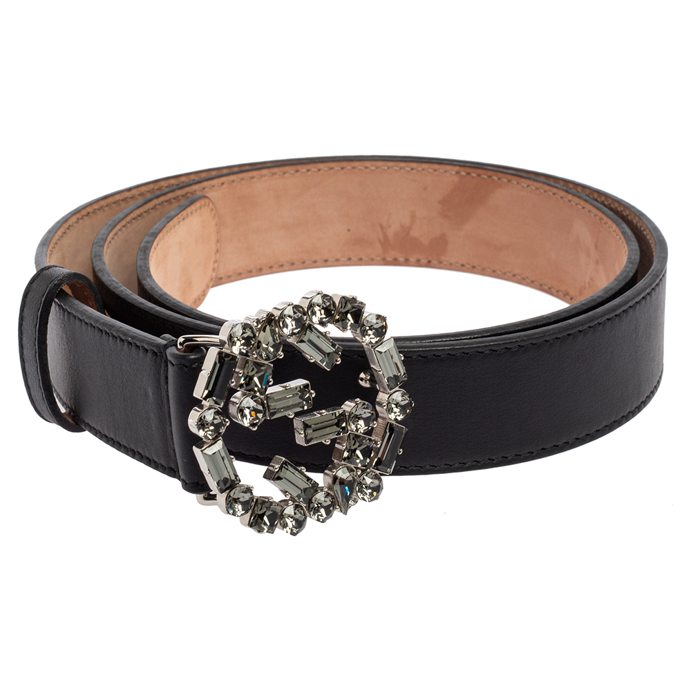 

Gucci Black Leather Crystal Embellished Interlocking G Buckle Belt