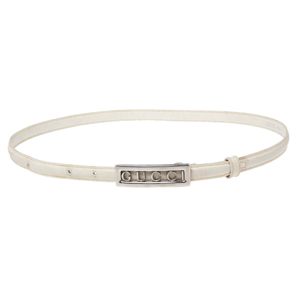 

Gucci White Leather Logo Plague Slim Belt