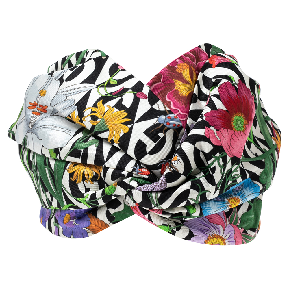 

Gucci Multicolour G Rhombus & Flora Printed Silk Head Band, Multicolor