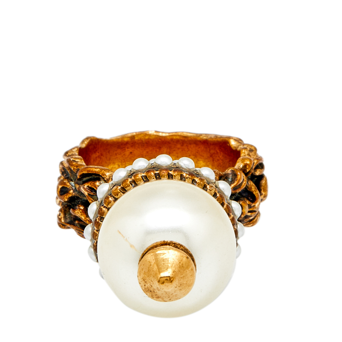 

Gucci Faux Pearl Gold Tone Metal Ring Size