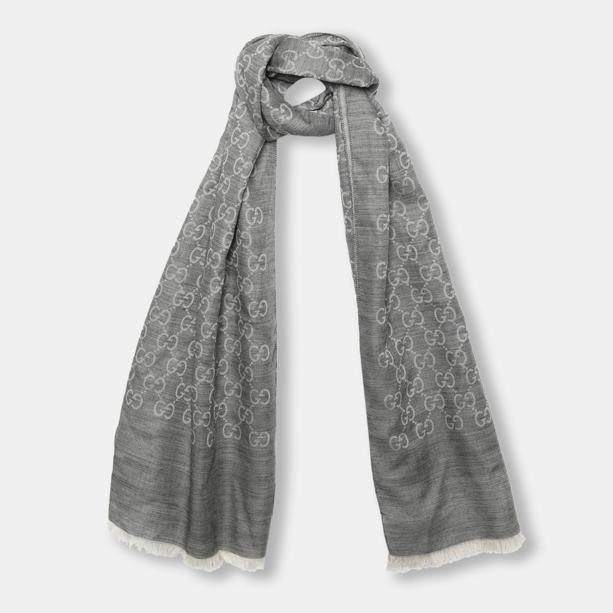 

Gucci Grey GG Monogram Wool & Silk Fringed Scarf