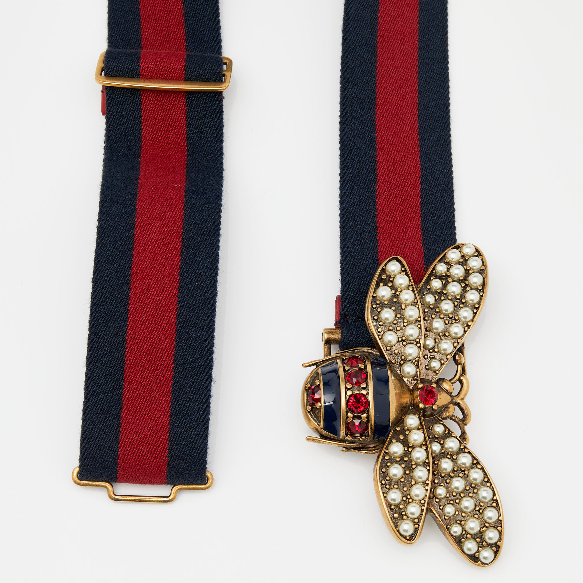 

Gucci Navy Blue/Red Web Canvas Bee Embellished Buckle Belt