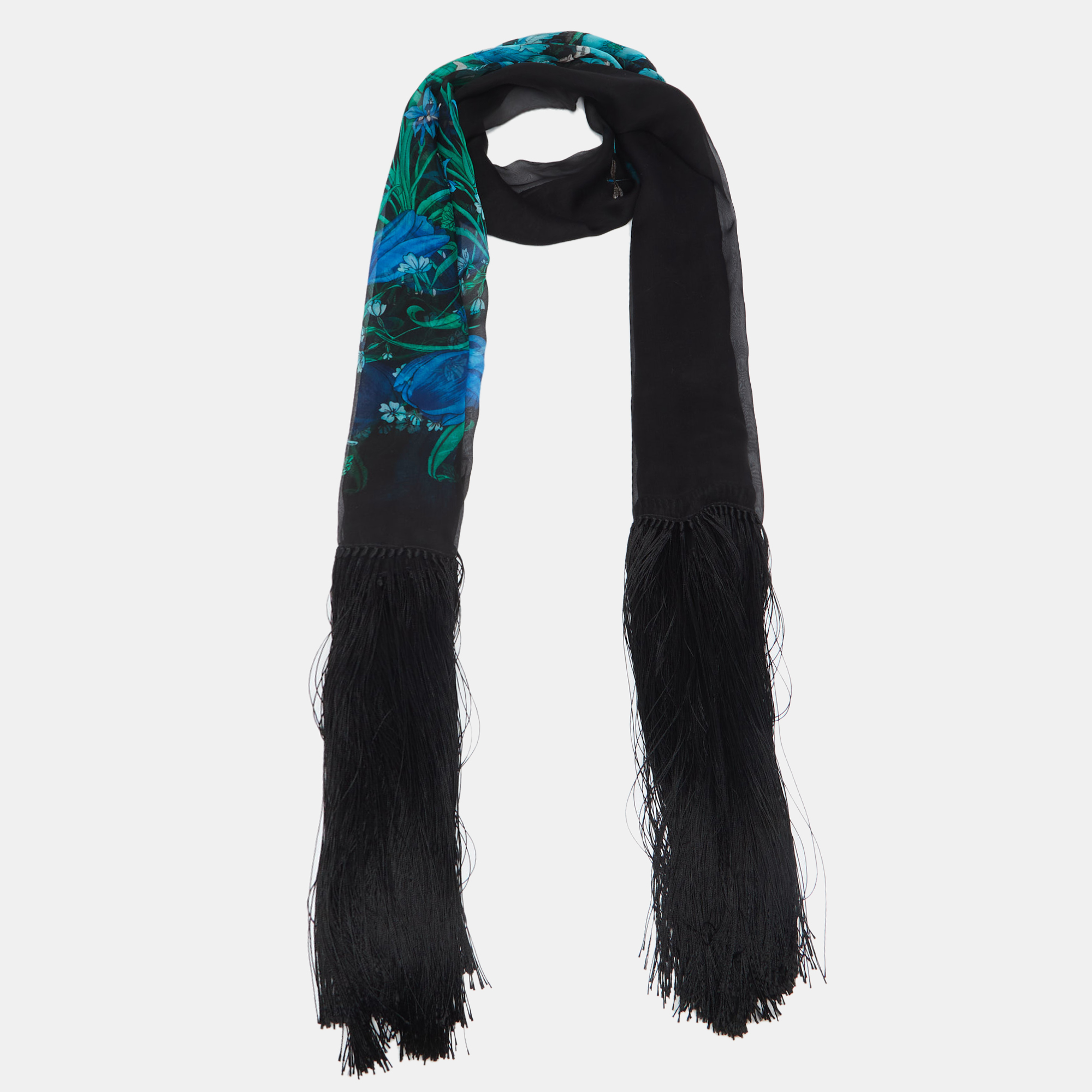 

Gucci Black Floral Print Silk Tasseled Scarf