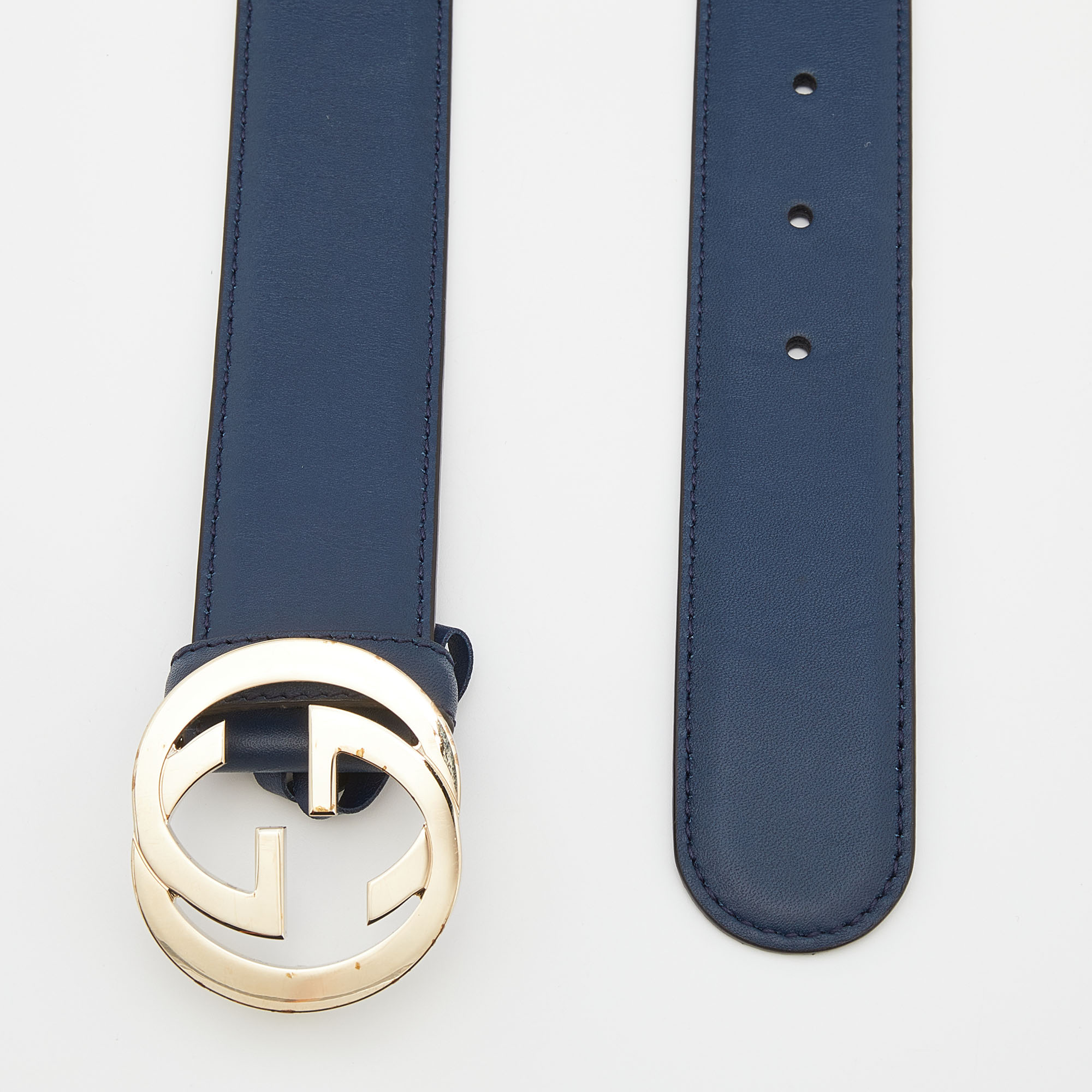 

Gucci Navy Blue Leather Interlocking G Buckle Belt