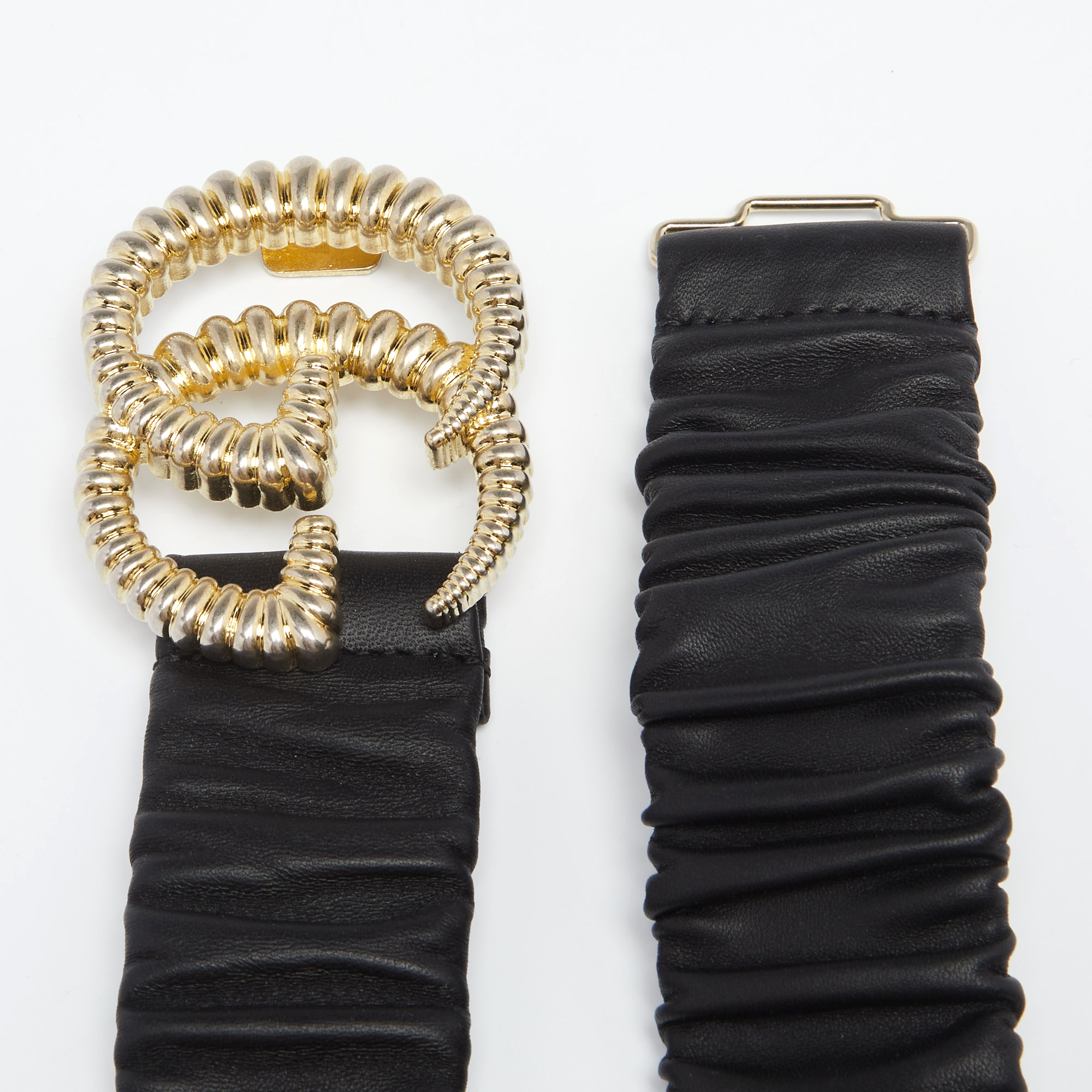

Gucci Black Elastic Leather GG Torchon Buckle Belt