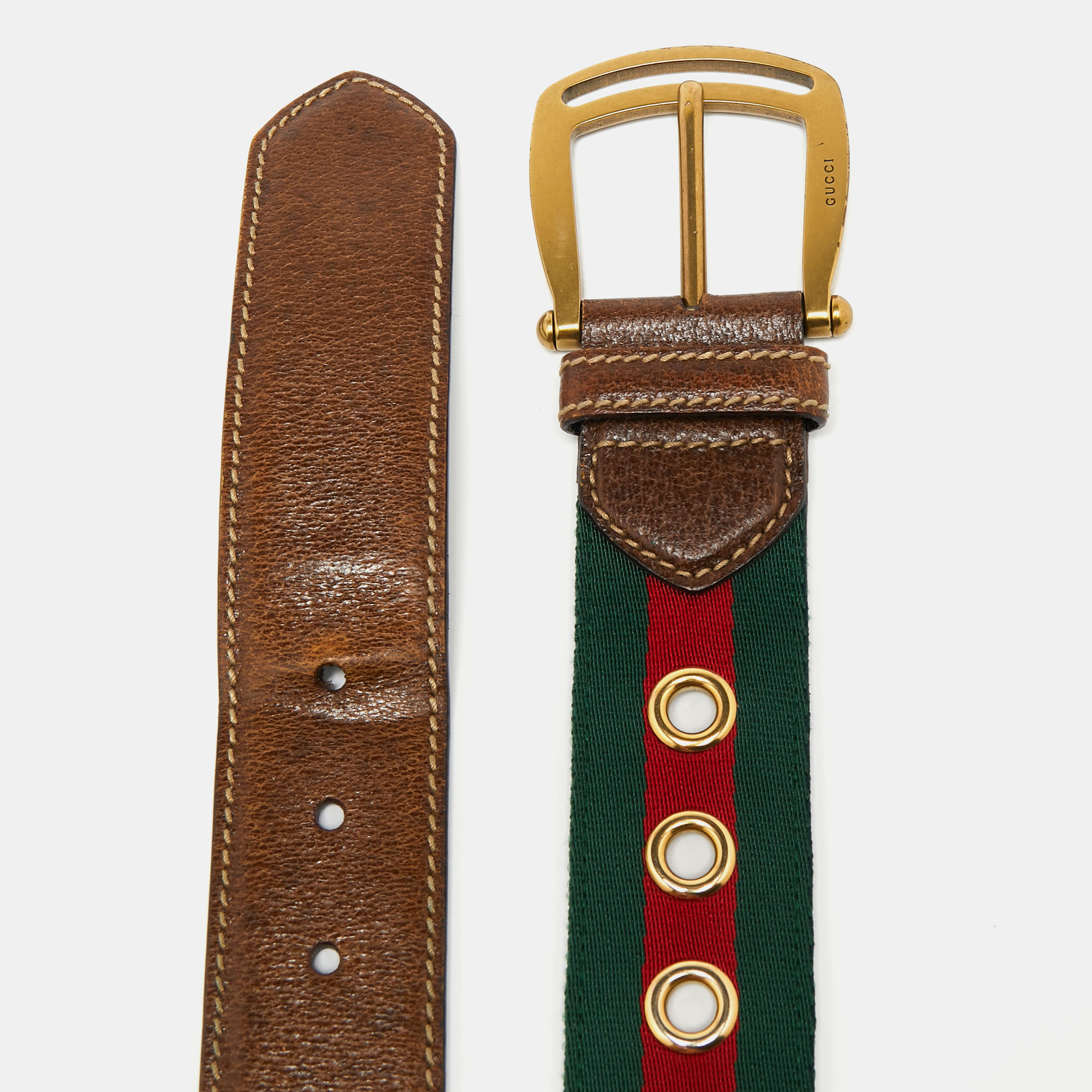 

Gucci Brown Web Canvas and Leather Grommet Buckle Belt