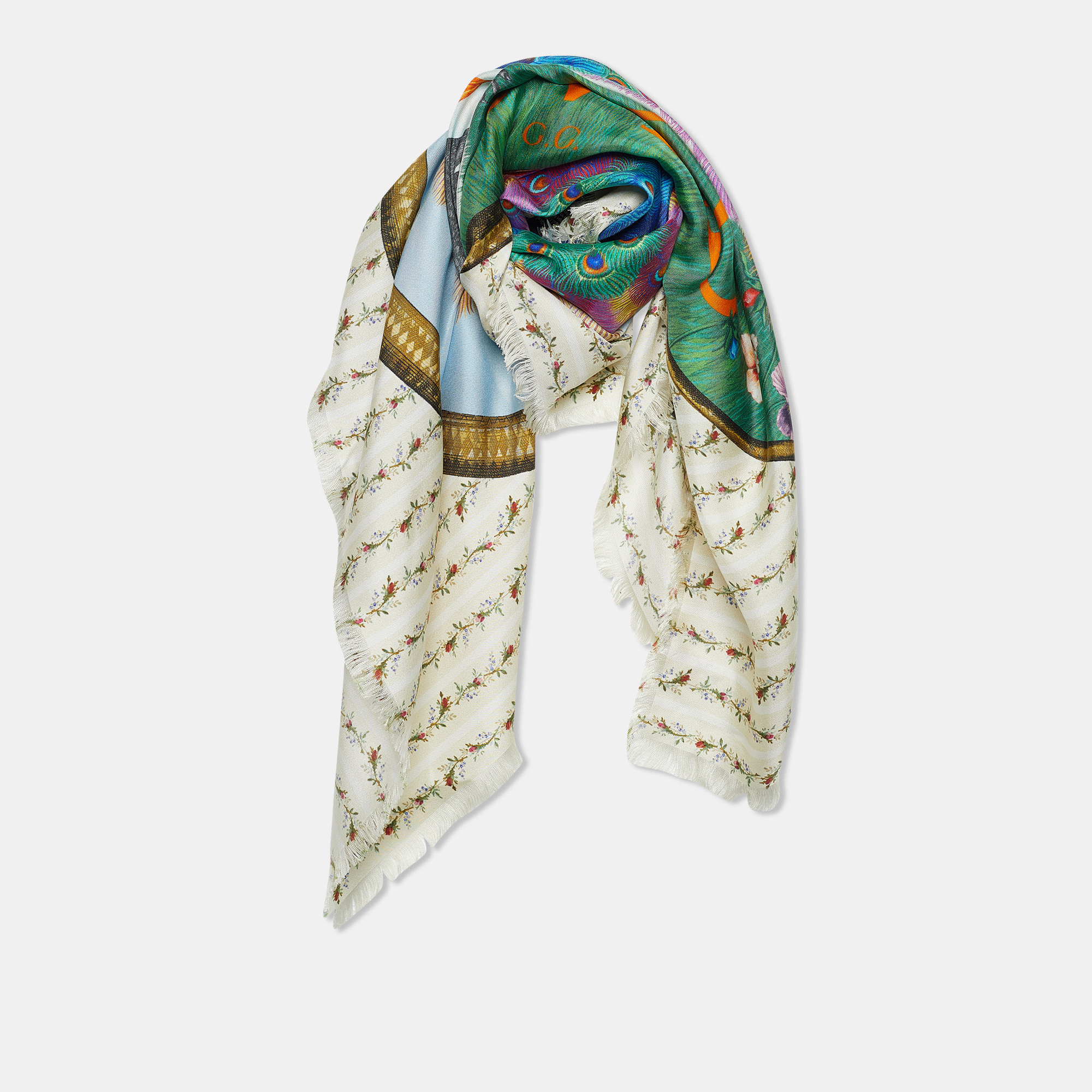 

Gucci Cream Loved Peacock Print Fringed Silk Scarf