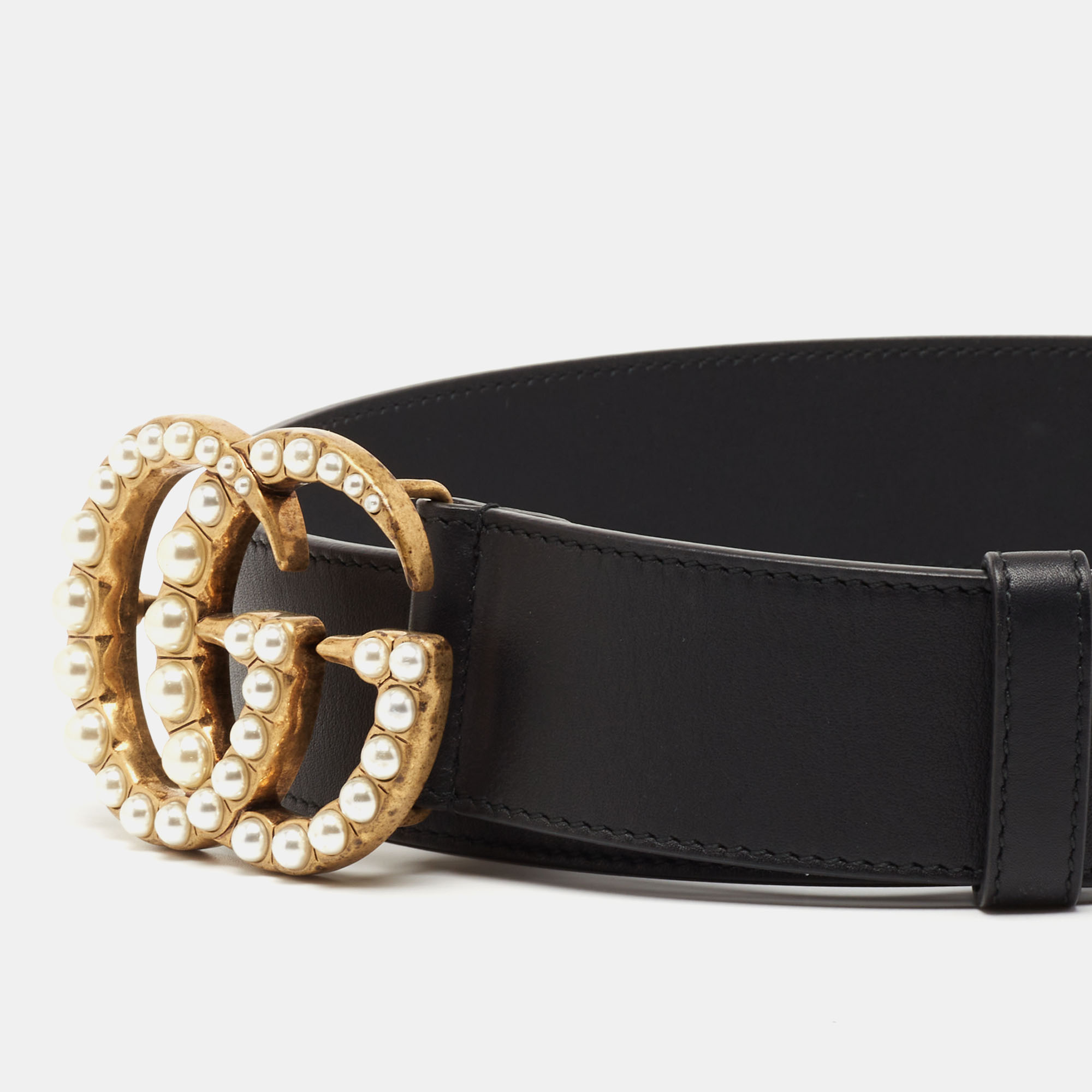 

Gucci Black Leather GG Pearl Embellished Double G Buckle Belt