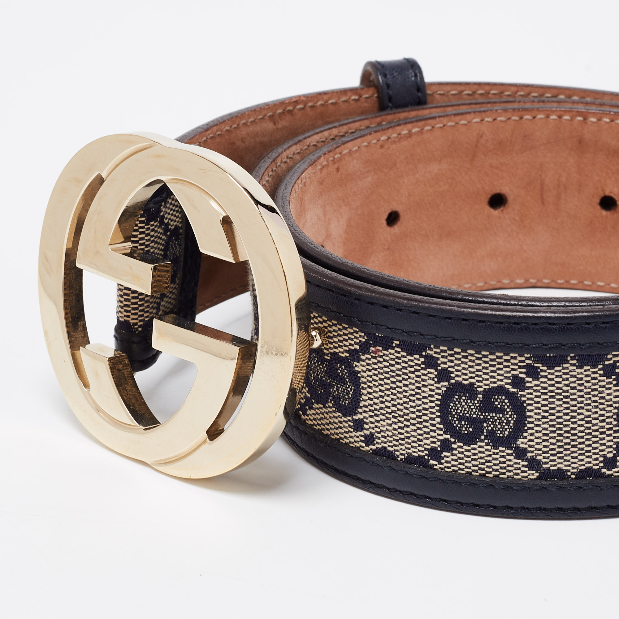 

Gucci Navy Blue/Beige GG Canvas and Leather Interlocking G Buckle Belt